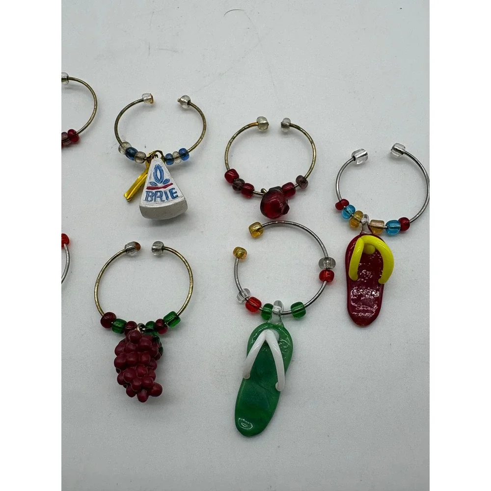 Mixed Wine Glass Charms 7pc Wine Bottle Brie Grapes Flip Flops Beaded Novelty
